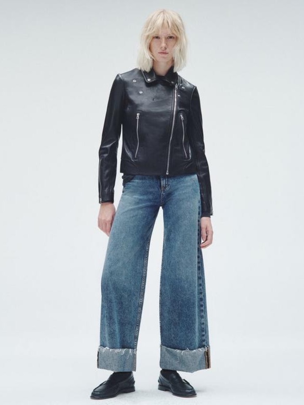 rag & bone Black Leather Jacket with Blue Wide-Leg Jeans